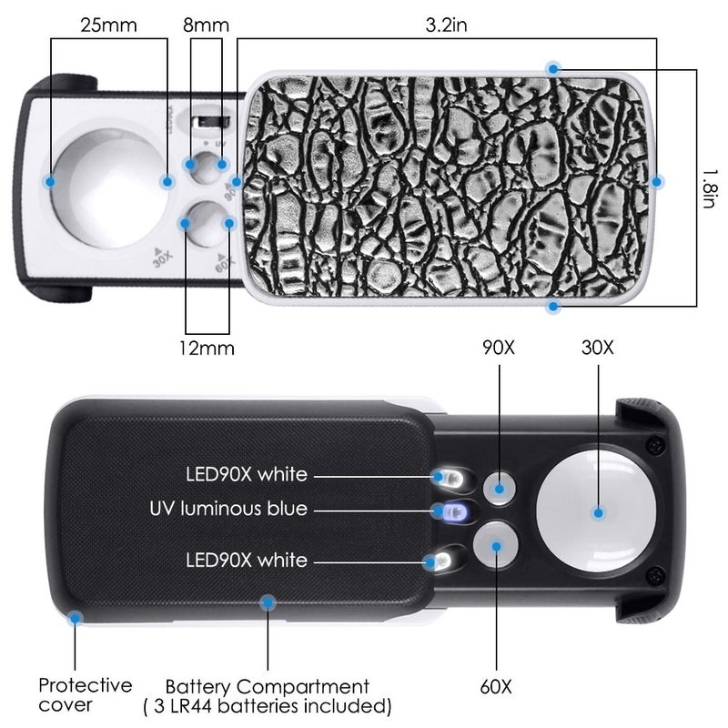 AFUNTA Jewelry Loupe Magnifier with LED Light, AFUNTA 30X,60X,90X Pocket Magnifying Glass for Rocks Stamps Coins Watches Hobbies Antiques Models Photos - Silver - Image 3